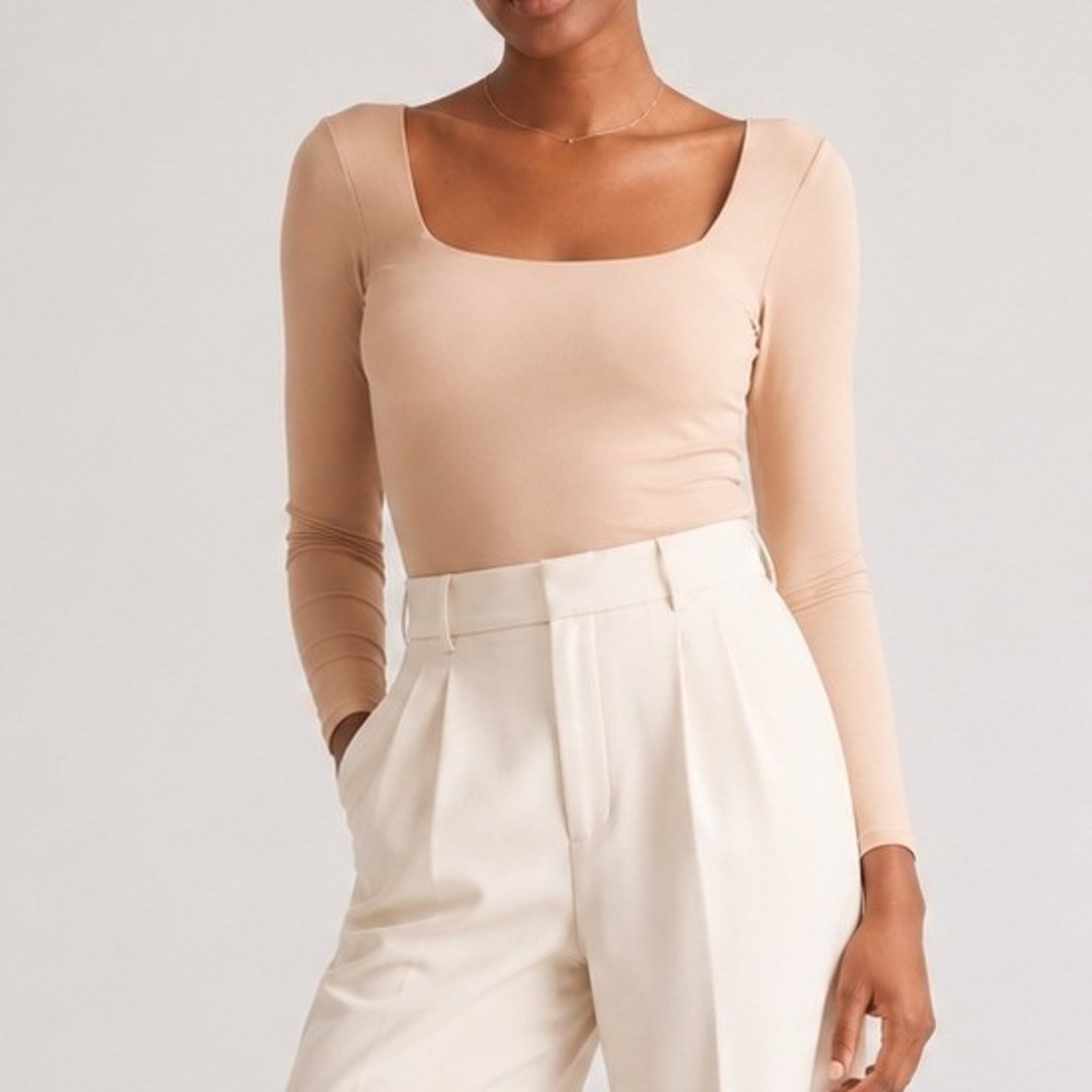 Quince Bodysuit Second Skin Square Neck‎ Long Sleeve Luxe Stretch Sand Small NWT